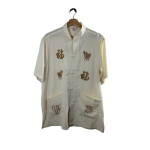Mens White Short Sleeve Traditional Chinese Tang Suit Size 42 Embroid Blessing
